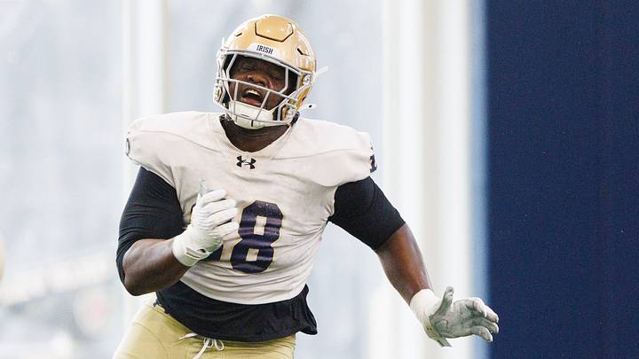 Defensive lineman Armel Mukam during a Notre Dame football practice at Irish Athletic Center on Wednesday, April 8, 2026, in South Bend. Defensive lineman Armel Mukam during a Notre Dame football practice at Irish Athletic Center on Wednesday, April 8, 2026, in South Bend.