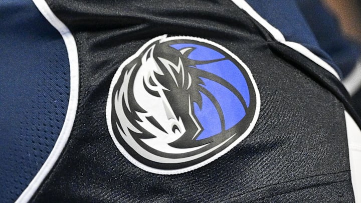 Jan 22, 2023; Dallas, Texas, USA; A view of the Dallas Mavericks logo during the game between the Dallas Mavericks and the LA Clippers at the American Airlines Center. Mandatory Credit: Jerome Miron-Imagn Images