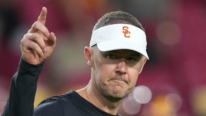 Sep 9, 2023; Los Angeles, California, USA; Southern California Trojans head coach Lincoln Riley gestures during the game against the Stanford Cardinal at United Airlines Field at Los Angeles Memorial Coliseum. Mandatory Credit: Kirby Lee-Imagn Images