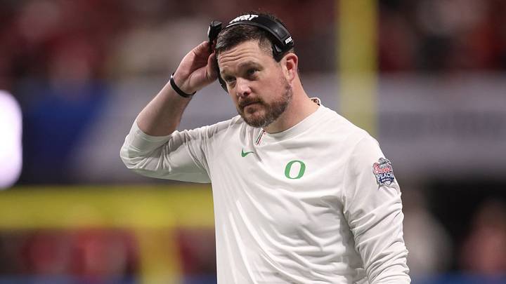 Jan 9, 2026; Atlanta, GA, USA; Oregon Ducks head coach Dan Lanning reacts during the first half of the 2025 Peach Bowl and semifinal game of the College Football Playoff against the Indiana Hoosiers at Mercedes-Benz Stadium. Mandatory Credit: Brett Davis-Imagn Images Jan 9, 2026; Atlanta, GA, USA; Oregon Ducks head coach Dan Lanning reacts during the first half of the 2025 Peach Bowl and semifinal game of the College Football Playoff against the Indiana Hoosiers at Mercedes-Benz Stadium. Mandatory Credit: Brett Davis-Imagn Images