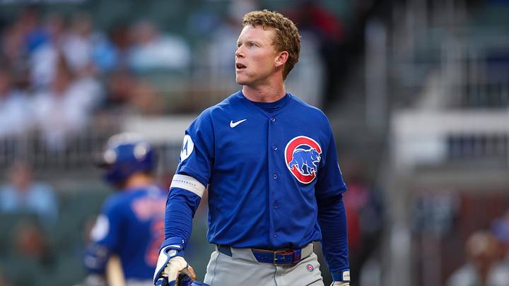 May 12, 2026; Atlanta, Georgia, USA; Chicago Cubs center fielder Pete Crow-Armstrong (4) reacts after an out against the Atlanta Braves in the third inning at Truist Park. Mandatory Credit: Brett Davis-Imagn Images