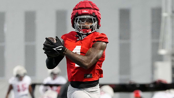 Ohio State Buckeyes wide receiver Jeremiah Smith (4) catches a ball during spring football practice at the Woody Hayes Athletic Center on March 17, 2025.