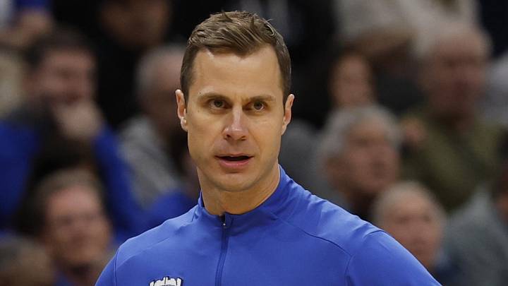 Mar 29, 2026; Washington, DC, USA; Duke Blue Devils head coach Jon Scheyer looks on against the UConn Huskies in the first half during an Elite Eight game of the East Regional of the men's 2026 NCAA Tournament at Capital One Arena. Mandatory Credit: Geoff Burke-Imagn Images