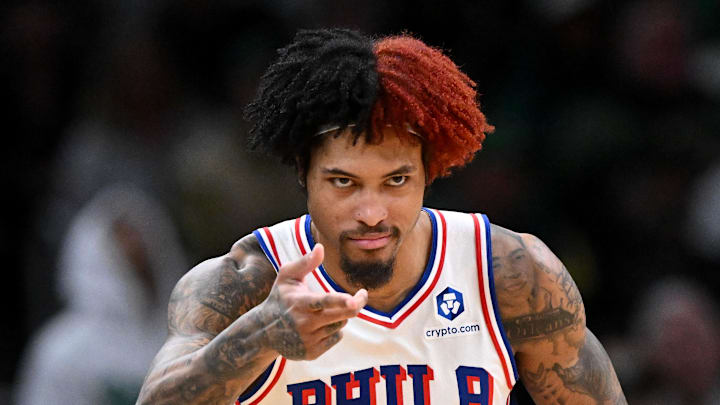 Philadelphia 76ers guard Kelly Oubre Jr. (9) reacts after making a three-point basket against the Boston Celtics in the second half of Game 2 of the first round of the 2026 NBA Playoffs at TD Garden on April 21, 2026.