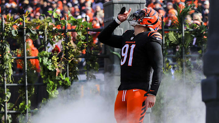 Dec 22, 2024; Cincinnati, Ohio, USA; Cincinnati Bengals defensive end Trey Hendrickson (91) runs onto the field before the game against the Cleveland Browns at Paycor Stadium. Mandatory Credit: Katie Stratman-Imagn Images