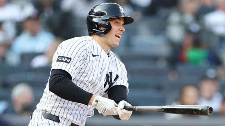 New York Yankees first baseman Ben Rice (22) hist a two-RBI double during the eighth inning against the Miami Marlins at Yankee Stadium.