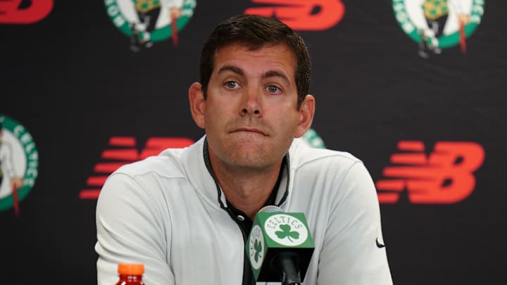 Oct 2, 2023; Boston, Celtics, USA; Boston Celtics president of basketball operations Brad Stevens talks during Boston Celtics Media Day. Mandatory Credit: David Butler II-Imagn Images