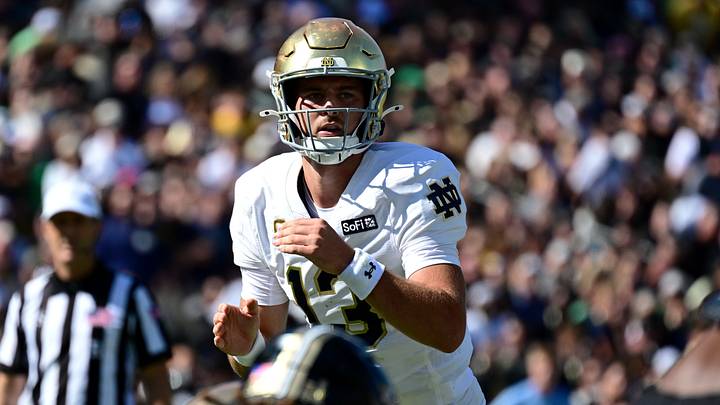 Sep 26, 2026; West Lafayette, Indiana, USA;  Notre Dame Fighting Irish quarterback CJ Carr (13) at the line of scrimmage in the second quarter against the Purdue Boilermakers at Ross-Ade Stadium. 