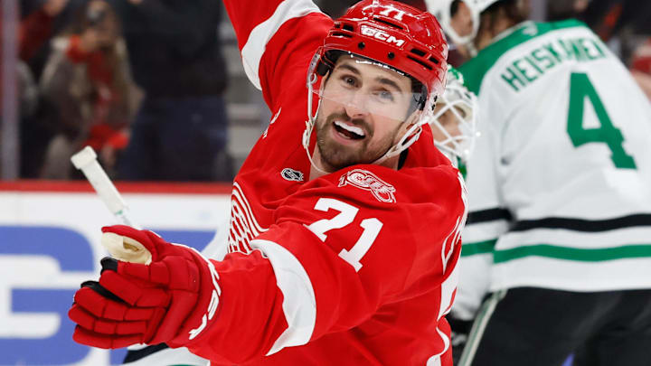 Dec 23, 2025; Detroit, Michigan, USA;  Detroit Red Wings center Dylan Larkin (71) celebrates after scoring in overtime against the Dallas Stars at Little Caesars Arena. Mandatory Credit: Rick Osentoski-Imagn Images