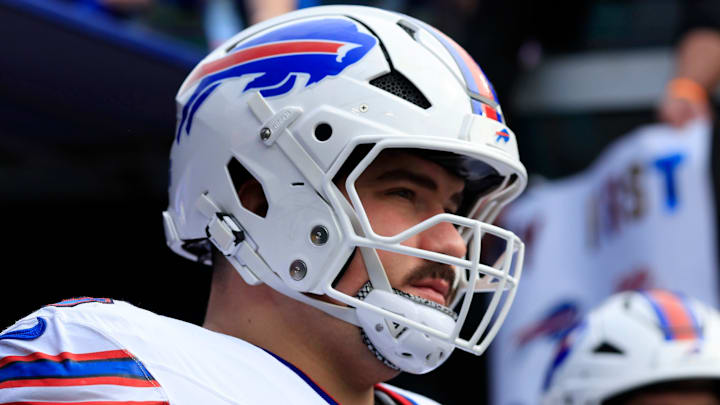 Buffalo Bills center Connor McGovern (66) looks on before an NFL football AFC Wild Card playoff matchup, Sunday, Jan. 11, 2026, in Jacksonville, Fla. The Bills defeated the Jaguars 27-24. [Corey Perrine/Florida Times-Union]