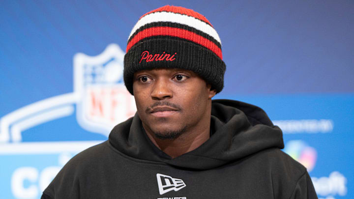 Former TCU defensive back Bud Clark (DB33) speaks to members of the media.