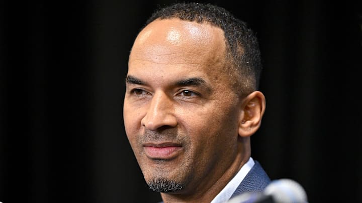 Dallas Mavericks general manager Nico Harrison speaks to the media. Dallas Mavericks general manager Nico Harrison speaks to the media.