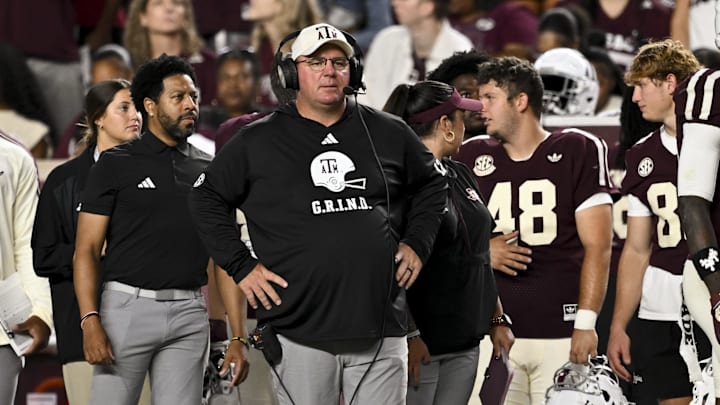 Texas A&M Aggies head coach Mike Elko looks on during the third quarter against the Florida Gators at Kyle Field. 