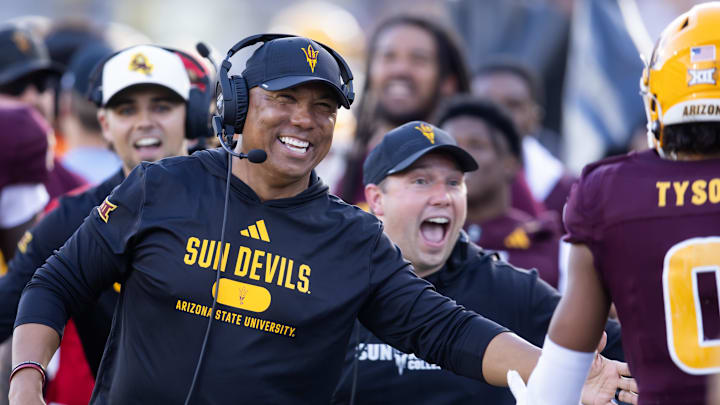 Nov 23, 2024; Tempe, Arizona, USA; Arizona State Sun Devils wide receivers coach Hines Ward against the Brigham Young Cougars at Mountain America Stadium. Mandatory Credit: Mark J. Rebilas-Imagn Images
Nov 23, 2024; Tempe, Arizona, USA; Arizona State Sun Devils wide receivers coach Hines Ward against the Brigham Young Cougars at Mountain America Stadium. Mandatory Credit: Mark J. Rebilas-Imagn Images