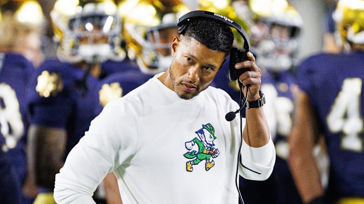 Notre Dame head coach Marcus Freeman looks on in the second half of a NCAA football game against Texas A&M at Notre Dame Stadium on Saturday, Sept. 13, 2025, in South Bend. Notre Dame head coach Marcus Freeman looks on in the second half of a NCAA football game against Texas A&M at Notre Dame Stadium on Saturday, Sept. 13, 2025, in South Bend.