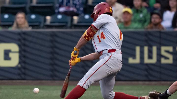 USC outfielder Jack Basseer hits a single as the Oregon Ducks host the USC Trojans on May 14, 2026, in Eugene, Oregon. USC outfielder Jack Basseer hits a single as the Oregon Ducks host the USC Trojans on May 14, 2026, in Eugene, Oregon.