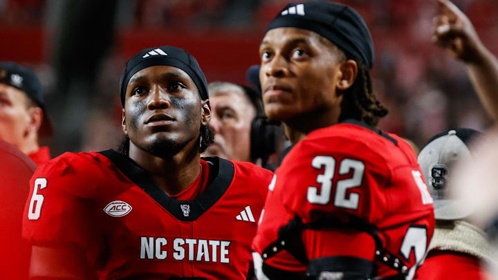 Sep 27, 2025; Raleigh, North Carolina, USA;  North Carolina State Wolfpack cornerback Devon Marshall (6) looks up to the scoreboard during the second half of the game against Virginia Tech Hokies at Carter-Finley Stadium. Mandatory Credit: Jaylynn Nash-Imagn Images