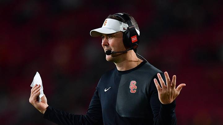 Sep 20, 2025; Los Angeles, California, USA; Southern California Trojans head coach Lincoln Riley watches game action against the Michigan State Spartans during the second half at the Los Angeles Memorial Coliseum. Sep 20, 2025; Los Angeles, California, USA; Southern California Trojans head coach Lincoln Riley watches game action against the Michigan State Spartans during the second half at the Los Angeles Memorial Coliseum.