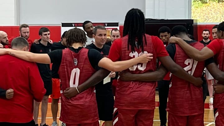 Will Wade and the N.C. State men's basketball team on Monday, Sept. 22, 2025, during the first official day of practice inside the Dail Basketball Center.