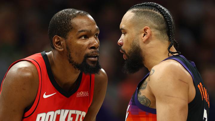 Apr 7, 2026; Phoenix, Arizona, USA; Houston Rockets forward Kevin Durant (7) argues with Phoenix Suns forward Dillon Brooks (3) in the first half at Mortgage Matchup Center. Mandatory Credit: Mark J. Rebilas-Imagn Images Apr 7, 2026; Phoenix, Arizona, USA; Houston Rockets forward Kevin Durant (7) argues with Phoenix Suns forward Dillon Brooks (3) in the first half at Mortgage Matchup Center. Mandatory Credit: Mark J. Rebilas-Imagn Images