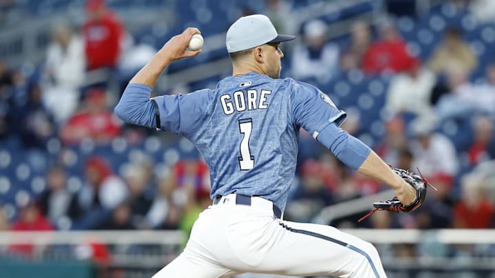 May 23, 2025; Washington, District of Columbia, USA; Washington Nationals starting pitcher MacKenzie Gore (1) pitches against the San Francisco Giants during the sixth inning at Nationals Park. May 23, 2025; Washington, District of Columbia, USA; Washington Nationals starting pitcher MacKenzie Gore (1) pitches against the San Francisco Giants during the sixth inning at Nationals Park.