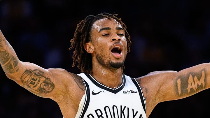 Mar 27, 2026; Los Angeles, California, USA; Brooklyn Nets center Nic Claxton (33) reacts during the first half against the Los Angeles Lakers at Crypto.com Arena. Mandatory Credit: William Liang-Imagn Images