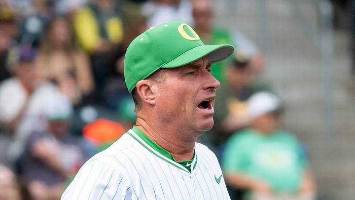 Oregon coach Mark Wasikowski comes out from the dugout to dispute a call as the Oregon Ducks host the Washington Huskies on May 10, 2025, at PK Park in Eugene.