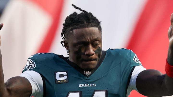 Jan 11, 2026; Philadelphia, PA, USA; Philadelphia Eagles wide receiver A.J. Brown (11) looks on prior to an NFC Wild Card Round game against the San Francisco 49ers at Lincoln Financial Field. Mandatory Credit: Bill Streicher-Imagn Images Jan 11, 2026; Philadelphia, PA, USA; Philadelphia Eagles wide receiver A.J. Brown (11) looks on prior to an NFC Wild Card Round game against the San Francisco 49ers at Lincoln Financial Field. Mandatory Credit: Bill Streicher-Imagn Images