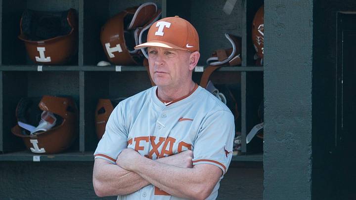 Texas Longhorns head coach Jim Schlossnagle watches as the Auburn Tigers take on Texas. Texas Longhorns head coach Jim Schlossnagle watches as the Auburn Tigers take on Texas.
