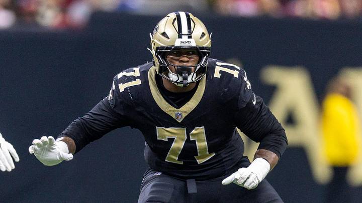 Sep 14, 2025; New Orleans, Louisiana, USA; New Orleans Saints offensive tackle Kelvin Banks Jr. (71) against the San Francisco 49ers during the first half at Caesars Superdome. Mandatory Credit: Stephen Lew-Imagn Images Sep 14, 2025; New Orleans, Louisiana, USA; New Orleans Saints offensive tackle Kelvin Banks Jr. (71) against the San Francisco 49ers during the first half at Caesars Superdome. Mandatory Credit: Stephen Lew-Imagn Images