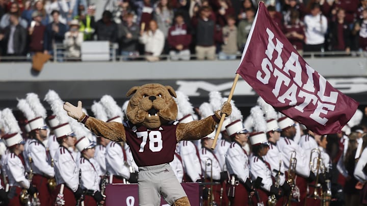 Mississippi State Bulldogs mascot Bully performs before the game against the Mississippi Rebels at Davis Wade Stadium at Scott Field. Mississippi State Bulldogs mascot Bully performs before the game against the Mississippi Rebels at Davis Wade Stadium at Scott Field.