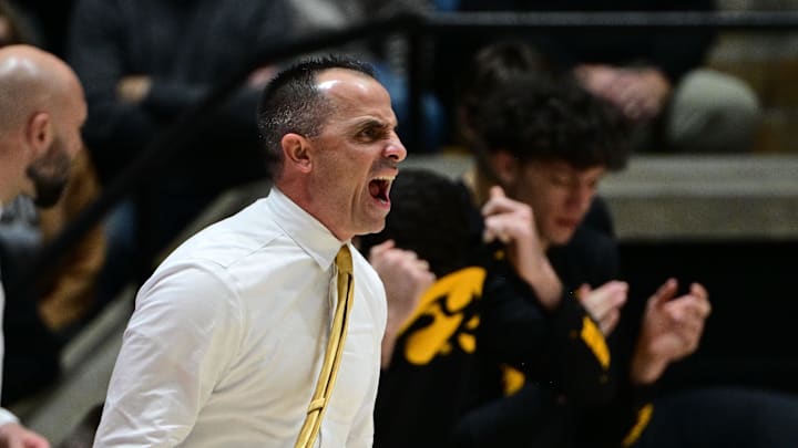 Jan 14, 2026; West Lafayette, Indiana, USA; Iowa Hawkeyes head coach Ben McCollum reacts to a call during the first half against the Purdue Boilermakers at Mackey Arena. Mandatory Credit: Marc Lebryk-Imagn Images
