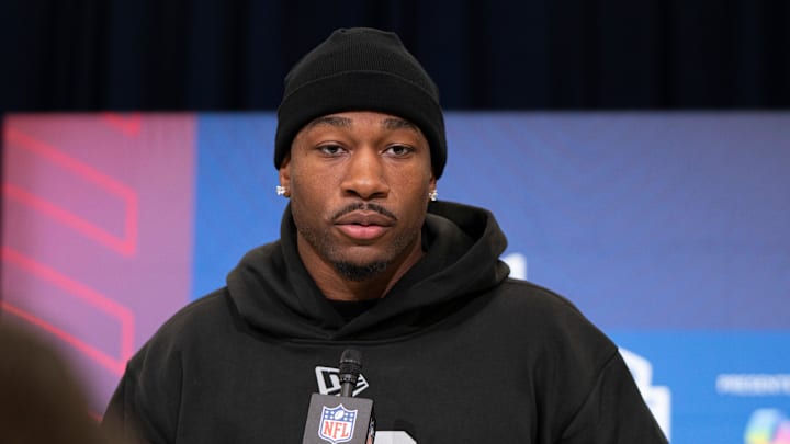 Feb 26, 2026; Indianapolis, IN, USA; Oklahoma defensive back Robert Spears-Jennings (DB48) speaks to members of the media during the NFL Combine at the Indiana Convention Center.  