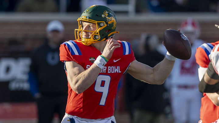 Jan 31, 2026; Mobile, AL, USA; National quarterback Cole Payton (9) of North Dakota State throws the ball during the second half of the 2026 Senior Bowl at University of South Alabama, Hancock Whitney Stadium. Mandatory Credit: Vasha Hunt-Imagn Images