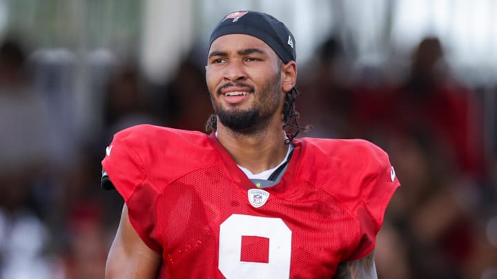 Tampa Bay Buccaneers wide receiver Emeka Egbuka (9) participates in training camp at AdventHealth Training Center. Tampa Bay Buccaneers wide receiver Emeka Egbuka (9) participates in training camp at AdventHealth Training Center.
