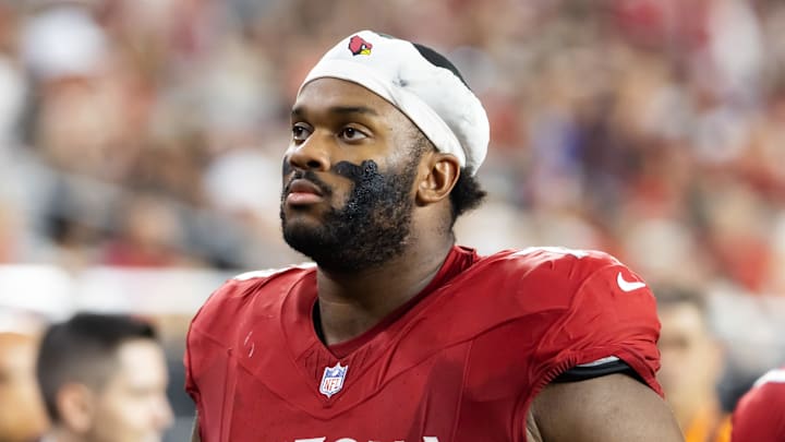 Aug 9, 2025; Glendale, Arizona, USA; Arizona Cardinals offensive tackle Paris Johnson Jr. (70) against the Kansas City Chiefs during a preseason NFL game at State Farm Stadium. Mandatory Credit: Mark J. Rebilas-Imagn Images
