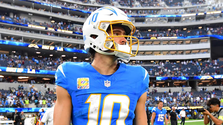 Oct 5, 2025; Inglewood, California, USA; Los Angeles Chargers quarterback Justin Herbert (10) reacts after the game against the Washington Commanders at SoFi Stadium. Mandatory Credit: Gary A. Vasquez-Imagn Images Oct 5, 2025; Inglewood, California, USA; Los Angeles Chargers quarterback Justin Herbert (10) reacts after the game against the Washington Commanders at SoFi Stadium. Mandatory Credit: Gary A. Vasquez-Imagn Images
