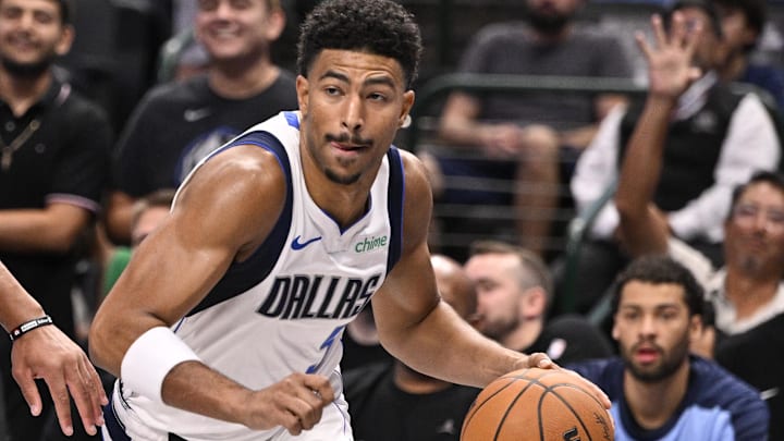 Oct 7, 2024; Dallas, Texas, USA; Dallas Mavericks guard Quentin Grimes (5) in action during the game between the Dallas Mavericks and the Memphis Grizzlies at American Airlines Center. Mandatory Credit: Jerome Miron-Imagn Images