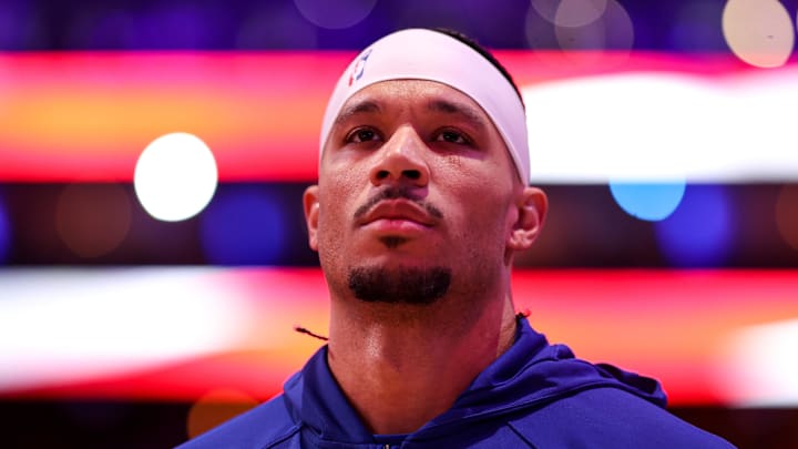 Jan 24, 2026; Philadelphia, Pennsylvania, USA; New York Knicks guard Josh Hart stands for the anthem before action against the Philadelphia 76ers at Xfinity Mobile Arena. Mandatory Credit: Bill Streicher-Imagn Images