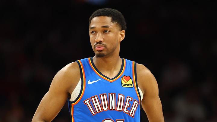 Apr 27, 2026; Phoenix, Arizona, USA; Oklahoma City Thunder guard Aaron Wiggins (21) against the Phoenix Suns during game four of the first round of the 2026 NBA Playoffs at Mortgage Matchup Center. Mandatory Credit: Mark J. Rebilas-Imagn Images