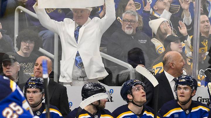 Apr 3, 2025; St. Louis, Missouri, USA;  St. Louis Blues fans holds up a sign during the second period against the Pittsburgh Penguins at Enterprise Center. Mandatory Credit: Jeff Curry-Imagn Images