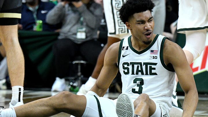 Michigan State guard Jaden Akins reacts after a Purdue foul that knocked him to the floor Tuesday.