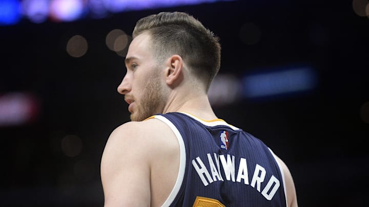 April 18, 2017; Los Angeles, CA, USA; Utah Jazz forward Gordon Hayward (20) during a stoppage in play against the Los Angeles Clippers in the second half in game two of the first round of the 2017 NBA Playoffs at Staples Center. Mandatory Credit: Gary A. Vasquez-Imagn Images