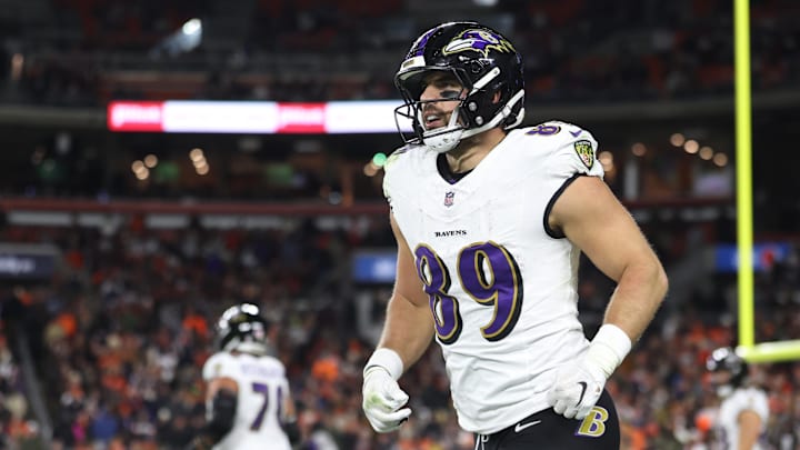 Nov 16, 2025; Cleveland, Ohio, USA; Baltimore Ravens tight end Mark Andrews (89) celebrates a touchdown during the fourth quarter against the Cleveland Browns at Huntington Bank Field. Mandatory Credit: Scott Galvin-Imagn Images