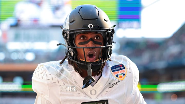 Jan 1, 2026; Miami Gardens, FL, USA; Oregon Ducks tight end Jamari Johnson (9) reacts after a touchdown by a teammate against the Texas Tech Red Raiders during the second half of the 2025 Orange Bowl and quarterfinal game of the College Football Playoff at Hard Rock Stadium. Mandatory Credit: Sam Navarro-Imagn Images