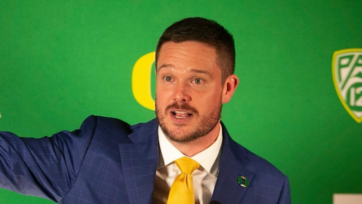 New Oregon football coach Dan Lanning takes questions from media after being formally introduced as the head coach for the Ducks Monday Dec. 13, 2021 in Eugene, Oregon.

Syndication The Register Guard