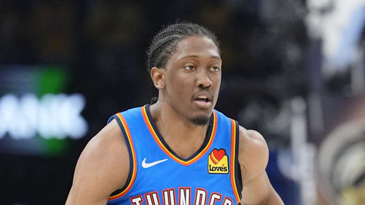 Jun 22, 2025; Oklahoma City, Oklahoma, USA; Oklahoma City Thunder forward Jalen Williams (8) dribbles the ball against the Indiana Pacers during the second half of game seven of the 2025 NBA Finals at Paycom Center. Mandatory Credit: Kyle Terada-Imagn Images Jun 22, 2025; Oklahoma City, Oklahoma, USA; Oklahoma City Thunder forward Jalen Williams (8) dribbles the ball against the Indiana Pacers during the second half of game seven of the 2025 NBA Finals at Paycom Center. Mandatory Credit: Kyle Terada-Imagn Images