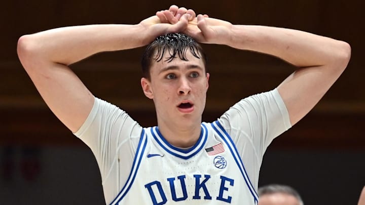 Jan 27, 2025; Durham, North Carolina, USA; Duke Blue Devils forward Cooper Flagg (2) reacts during the second half against the North Carolina State Wolfpack at Cameron Indoor Stadium.  The Blue Devils won 74-64. Mandatory Credit: Rob Kinnan-Imagn Images