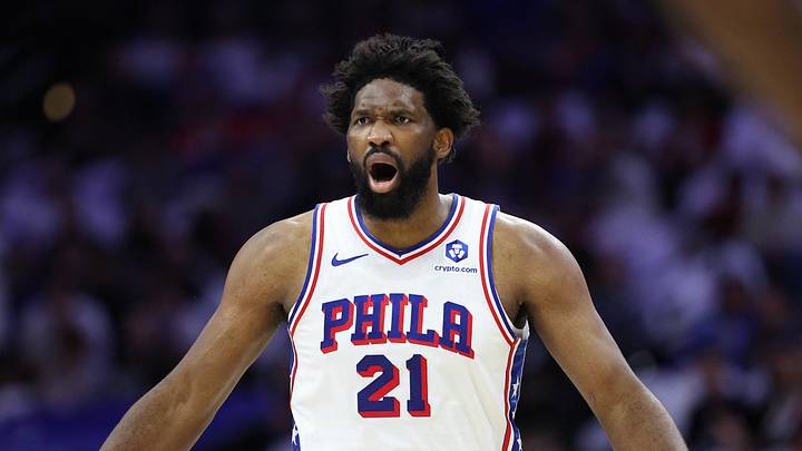 Philadelphia 76ers center Joel Embiid (21) reacts to a play against the New York Knicks during the first quarter of game three of the second round of the 2026 NBA Playoffs at Xfinity Mobile Arena on May 8, 2026.