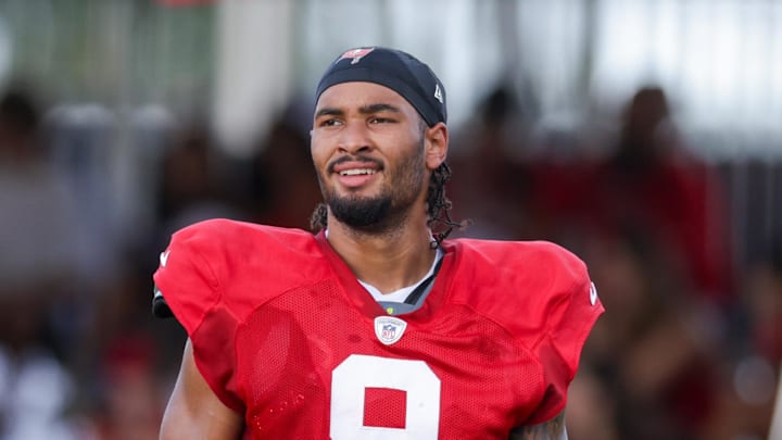 Tampa Bay Buccaneers wide receiver Emeka Egbuka (9) participates in training camp at AdventHealth Training Center. Tampa Bay Buccaneers wide receiver Emeka Egbuka (9) participates in training camp at AdventHealth Training Center.